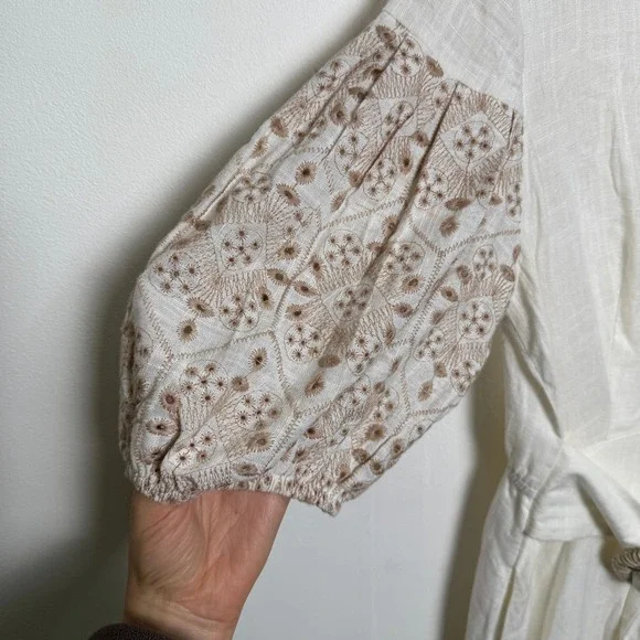 SOLITAIRE White Linen Blend Button Front Dress Embroidered Puff Sleeve Belted - Picture 3 of 9